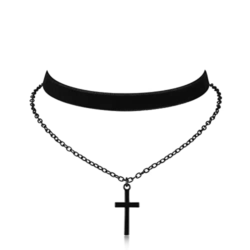 Gothic Choker, Choker Necklace for Women, Black Velvet Choker, Layered Necklace, Goth Jewelry for Women - style: Black Cross