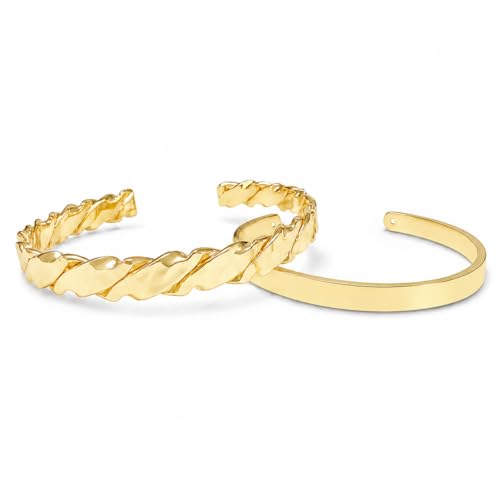 Gold Cuff Bracelets for Women, 14K Gold Plated Open Cuff Bangle Bracelet with CZ Pave, Minimalist Stackable Chunky Gold Bracelet for Women - color: Gold Hammered 2-Piece