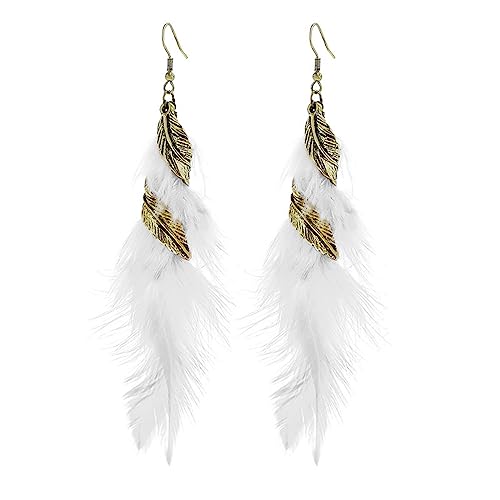 Bohemian Handmade Natural Long Feather Dangle Earrings for Women Multicolor Tassel Feathers Dangle Drop Earrings Vintage Bohemian Earrings Boho Feather Earrings - color: White
