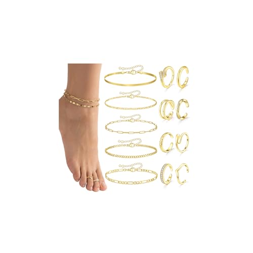 CASDAN 13Pcs Toe Rings and Ankle Bracelets for Women Silver Gold Layered Anklets Chain Adjustable Open Tail Toe Ring Beach Foot Jewelry for Summer - color: Gold,B