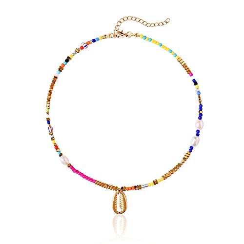 Wellike Freshwater Pearl Beaded Necklace for Women Handmade Boho Colorful Glass Beads Choker Necklace Stainless Steel 18K Gold Plated Bohemian Women Summer Jewelry Gifts - color: D
