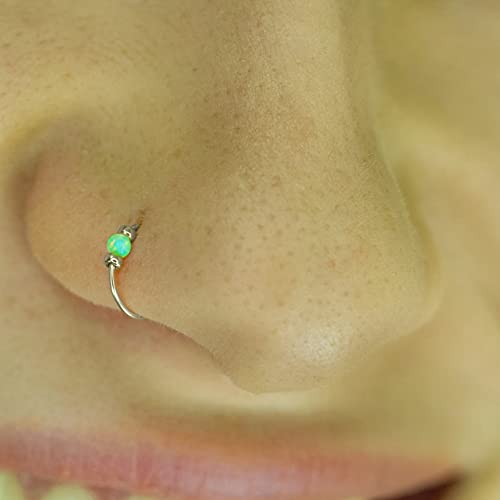 925 Sterling Silver & 14K Gold Filled Nose Ring Hoop Handmade Piercing Jewelry For Women - 24 Gauge 2mm,7mm Tiny Nose Ring with Opal - Gift Ready - color: Green Opal Silver