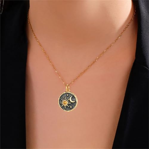 Dreuyet Vintage Sun Moon Earrings and Necklace Set for Women Boho Antiqued Crytal Sun Moon Dangle Drop Earrings Necklace Unique Handmade Retro Round Coin Celestial Jewelry Gifts - color: Gold Black