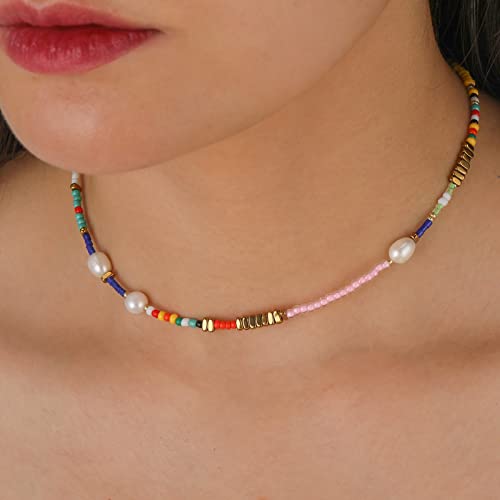 Wellike Freshwater Pearl Beaded Necklace for Women Handmade Boho Colorful Glass Beads Choker Necklace Stainless Steel 18K Gold Plated Bohemian Women Summer Jewelry Gifts - color: KKWX0521AMZ