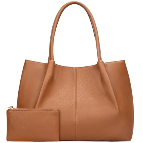 KKXIU Tote Bag for Women Vegan Leather Shoulder Purse Large Capacity Travel Bag - color: Orange Brown