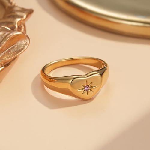 YeGieonr Non Tarnish Gold Rings for Women, Waterproof Gold Signet Ring, 18K Gold Plated Stackable Rings for Everyday Wear - color: Heart Pink