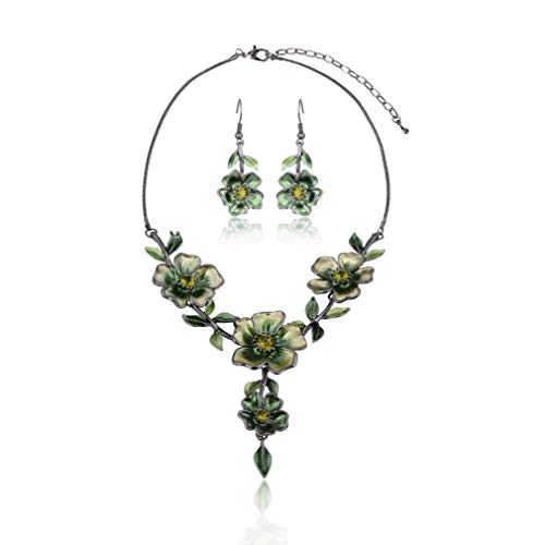 AMYJANE Vintage Statement Jewelry Set - Spring Leaf Flower Floral Plant Necklace Earring Set Crystal Rhinestone Fashion Costume Jewelry for Women Prom Party Unique Gift - style: Green Flower Green Leaf