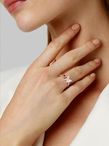 Bestyle 925 Sterling Silver Butterfly Ring Hypoallergnic Adjustable Birthstone Rings for Women Butterfly Jewelry Gifts for Anniversary Mothers' Day Birthday - color: 01.January (Garnet)