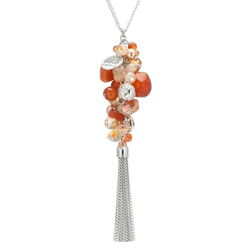 Noessla Boho Long Pendant Necklaces for Women Silver Tassel Long Necklace Sweater Chain Mothers Day Gifts Silver Costume Jewelry for Women - color: Agate