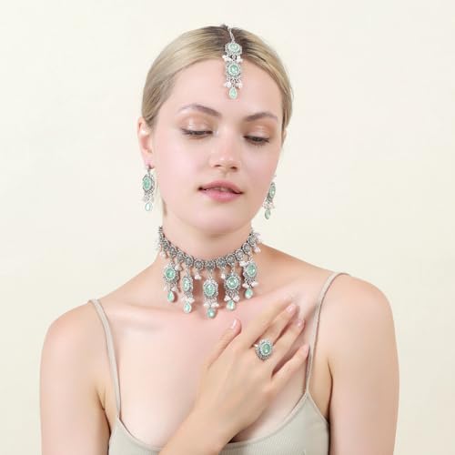 Luxury Waterdrop Rhinestone Pearls Tassel Charm Necklace Earrings Ring Maang Tikka Jewelry 4PCS Set Oxidized Antique Silver Flower Choker Ethnic Indian Retro Crystal Bollywood Bridal Wedding for Women - color: Blue