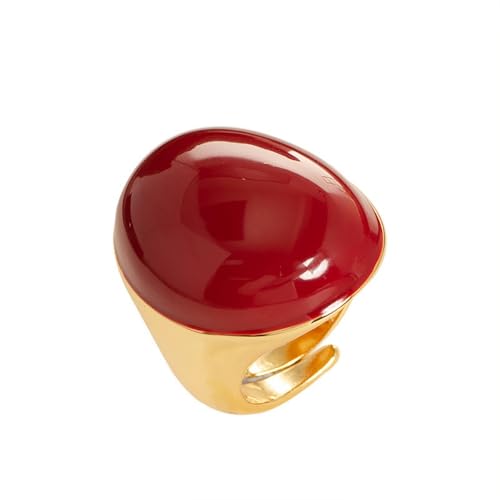 Kokoma Geometric Oval Statement Ring for Women Minimalist Open Adjustable Ring Gold Plated Bold Dome Cocktail Rings Promise Anniversary Band Jewelry - color: Red