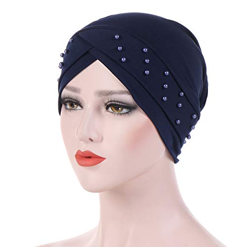Women Beaded Silky Beanie, Pre-Tied Turban Head Wrap Cap for Chemo Chemical Cancer Hair Loss Cover Hat - color: Navy
