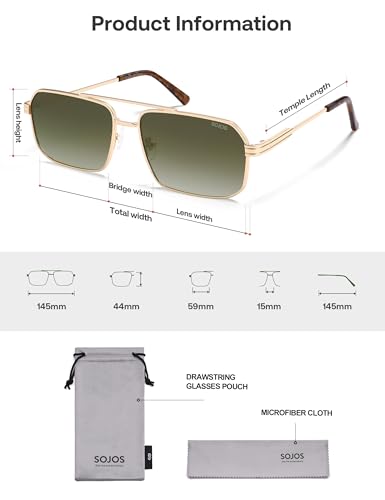 SOJOS Retro Polarized Square Sunglasses for Women Men Vintage Large Double Bridge UV Protection Metal Sun Glasses SJ1246 - color: Gold/Greyish-green Grading