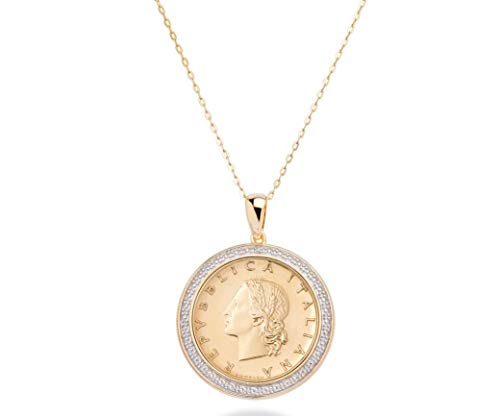 Miabella 18K Gold Plated 925 Sterling Silver Diamond Accent Genuine Italian 20 Lira Coin Medallion 18 Inch Chain Pendant Necklace for Women