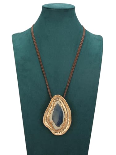 GelConnie Leather Necklace for Women Large Pendant Long Brown Necklace Circle Leather Choker Vintage Sweater Necklace Gold Chunky Boho Necklaces for Women - style: Blue Big Pendant Necklaces