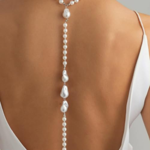 Rhinestone Back Chain Necklace for Women Bridal Wedding Sexy Rhinestone Backdrop Chain Waist Belly Chains Trendy Body Chains Jewelry - style: Big Pearl