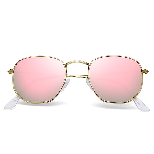 Polarized Sunglasses for Womens Men Trendy Square Hexagonal Flat Mirrored Sun Glasses UV Protection - color: A06-rose Gold/Pink
