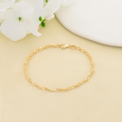 14K Yellow Gold 6-13 Inch 1.2mm-3.2mm Chain Bracelet Anklet for Women, Cuban Link Curb/Rope/Paper Clip/Round Snake/Herringbone/Bead/Water Wave, Thin Gold Chain Bracelet Durable Strong Real 14k Gold Chain Bracelet Anklet - color: 2.4mm Water Wave, size: 7i