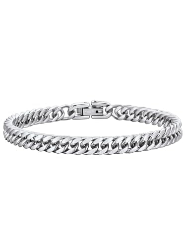 ChainsHouse Stainless Steel Cuban Link Bracelet, 8mm/12mm/17mm Width, 7.5"/8.3"/9", 18K Gold Plated Chain Wrist Bracelets for Men Women, Send Gift Box - color: C: Steel-6mm width