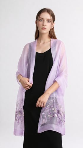 Jeelow Silk Blend Floral Fashion Scarf Shawl Wrap Lightweight Sheer For Women Floral Embroidery Wedding Party Prom - color: Lavender Blossom