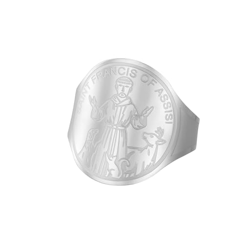 TEAMER Resizable Saint Francis of Assisi Ring Pendant Patron Saint of the Animals and Nature Francis Pet Protect Medal Catholic Jewelry For Women Men - color: Silver