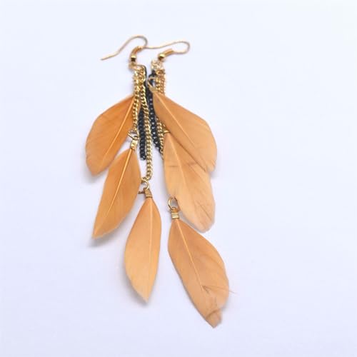 coadipress Boho Piercing Tassel Feather Long Chain Earrings Retro Lightweight Native Feather Dangle Drop Earrings for Women Bohemian Handmade Natural Feathers Earring Jewelry - color: Khaki
