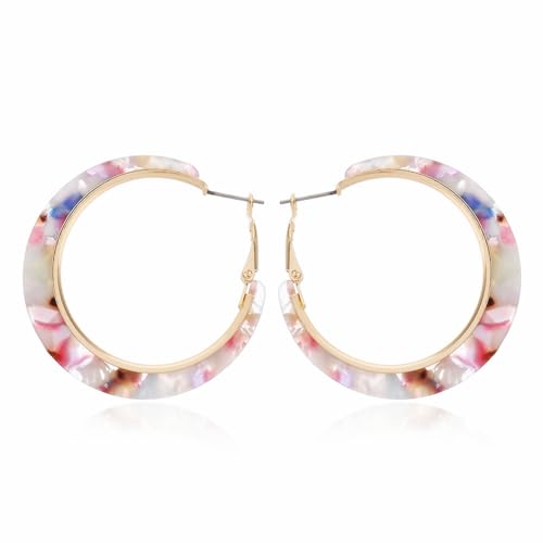 Boho Acrylic Hoop Earrings Bohemian Statement Colorful Acetate Lucite Tortoise Shell Resin Geometric Big Lightweight C Open Hoops Earrings for Women Prom Party Holiday Fashion Jewerly Gifts - color: Gold colorful