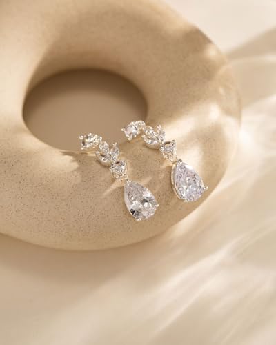 HANLI Dangle Earrings for Women – 14K Gold Plated/Silver Drop Earrings Sparkly CZ Gold Dangle Earrings Elegant Dangling Earrings for Wedding Bridal Prom Jewelry - color: 1-Dangle CZ Silver