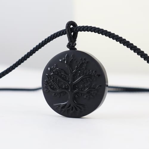 Obsidian Tree of Life Necklaces Orgonite Healing Crystal Stone Pendant Necklace for Spiritual Healing and Meditation Energy Talisman Sacred for Men Women - color: Black Obsidian
