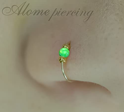 925 Sterling Silver & 14K Gold Filled Nose Ring Hoop Handmade Piercing Jewelry For Women - 24 Gauge 2mm,7mm Tiny Nose Ring with Opal - Gift Ready - color: Green Opal Gold