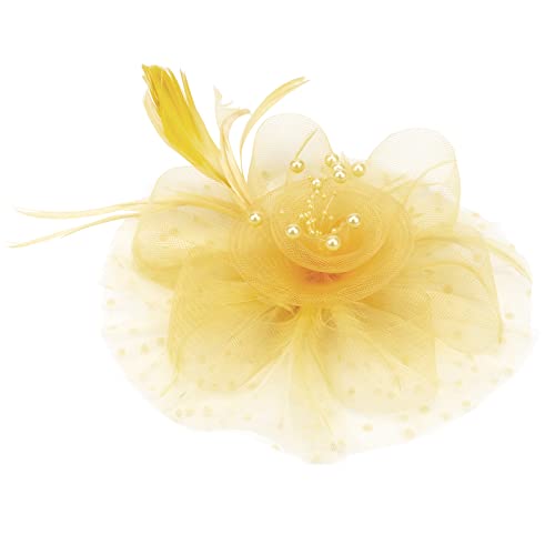 DRESHOW Fascinators Hat Flower Mesh Ribbons Feathers on a Headband and a Clip Tea Party Headwear for Girls and Women - color: 7" Diameter / Ginger