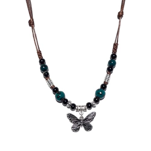 Boho Style Colorful Ceramic Bead Strand Necklace Adjustable Bohemian Jewelry Gift for Women, Fashion Clothing Matching Necklace - color: Teal-Black