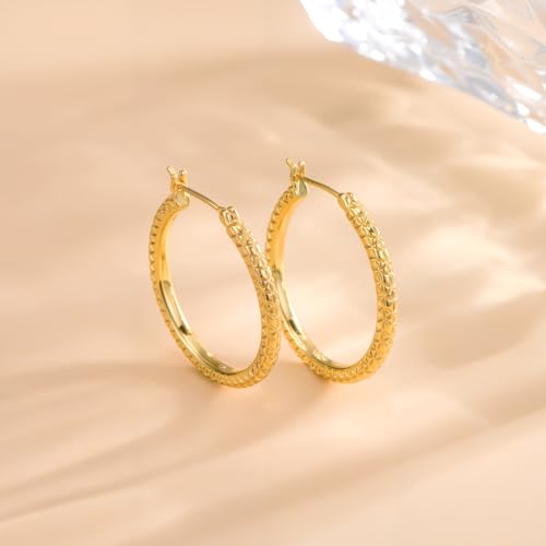 Gold Hoop Earrings for Women 14K Gold Earrings for Women Thick Large Earrings Gold Huggie Earring Womens Lightweight Hypoallergenic - color: Engraving