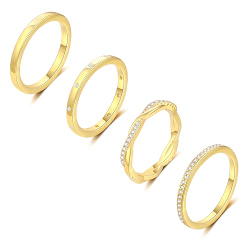 TOBENY Stackable Silver Gold Rings for Women Non Tarnish 14K Gold Plated Cubic Zirconia Ring Set Trendy Dainty Engagement Wedding Bands Thumb Rings Stacking Promise Statement Rings Jewelry Size 6-10 - color: 02-4Pcs Gold Stacking Rings