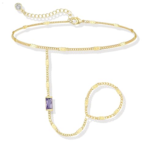 Birthstone Gold Bracelets for Women Trendy 14K Gold Plated Hand Chain Bracelet Stack Stackable Friendship Birthday Bracelets Gifts Christmas Stocking Stuffer for Women - color: 02 February