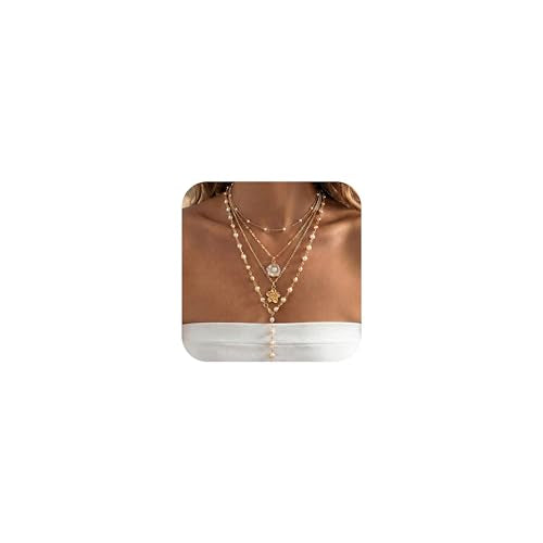 Shell Starfish Necklace for Women, Gold Plated Boho Layered Pendant Necklace with Pearl Conch Charm, Dainty Coastal Summer Beach Vacation Jewelry Gifts - style: Pearl 4Pcs