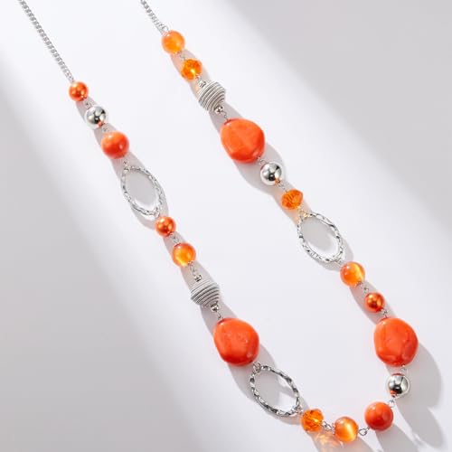 BULINLIN Beaded Long Necklace for Women Silver Sweater Chain Necklace with Crystal Resin Beads, Fashion Jewelry Necklace - color: Orange