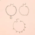3 Pcs Layered Silver Tone Anklets for Women Trendy Lock Heart Charm Ankle Bracelets Set Adjustable Chunky Figaro Foot Jewelry Gifts