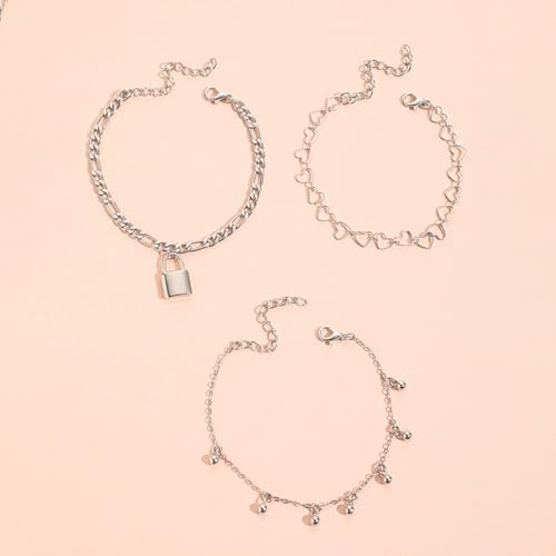 3 Pcs Layered Silver Tone Anklets for Women Trendy Lock Heart Charm Ankle Bracelets Set Adjustable Chunky Figaro Foot Jewelry Gifts