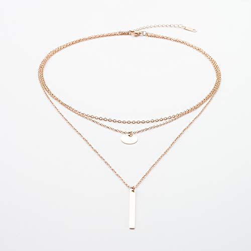Disc Bar Pendant Layering Necklace Stainless Steel Layered Chain Choker - color: 14K Rosegold Plated