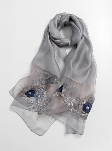 Jeelow Silk Blend Floral Fashion Scarf Shawl Wrap Lightweight Sheer For Women Floral Embroidery Wedding Party Prom - color: Petal Misty Grey