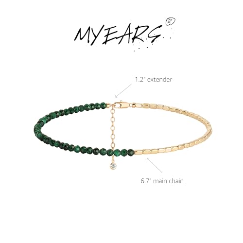 MYEARS Women Beaded Bracelet Gold Gemstone 14K Simple Dainty Handmade Chain Everyday Boho Beach Jewelry - style: Malachite