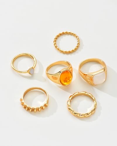 FAXHION 24-60 Pcs Gold Stackable Rings for Women, Knuckle Rings Chunky Gold Ring Set Dainty Stacking Cute Rings, Multiple Sizes Cute Jewelry Set Gift - style: Maillard -6 pcs
