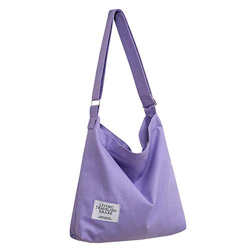 Covelin Women's Retro Large Size Canvas Shoulder Bag Hobo Crossbody Handbag Casual Tote - color: Light Purple