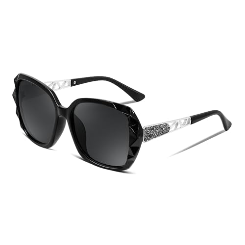 FEISEDY Polarized Women Square Sunglasses Sparkling Composite Shiny Frame B2289 - color: Glossy Black