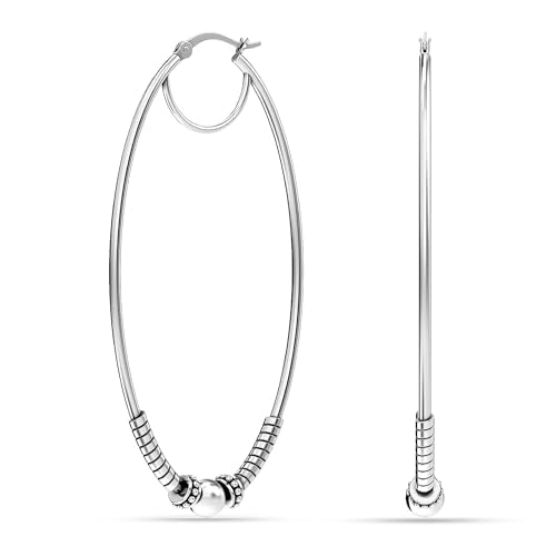 LeCalla 925 Sterling Silver Large Hoop Earrings | Lightweight Antique Bali Hoops | Two-Tone Bohemian Oxidized Balinese Earrings for Women - color: Oval BIG Bead-65mm