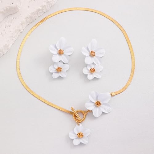 WCRAZYE Gold Flower Earrings Necklace Set for Women Boho Summer Daisy Floral Statement Earrings Brides Wedding Guest Dresses Jewelry - color: White