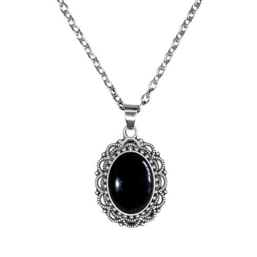 Vintage Oval Red Gemstone Pendant Antique Necklace for Women Goth Y2k Choker Punk Victorian Gothic Statement Crystal Cameo Oxidized Pewter Frame Charm Retro Clavicle Chain Halloween Party Jewelry 20'' - color: Black
