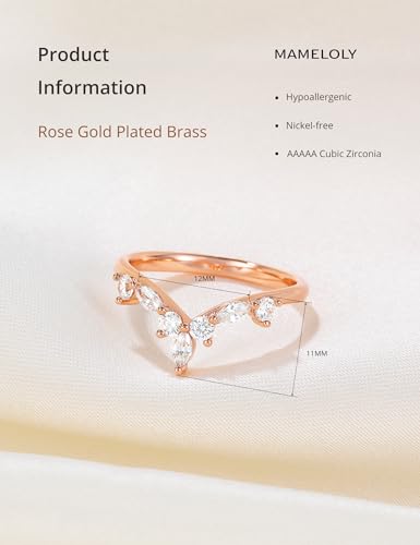 Mameloly Wedding Bands for Women Curved Marquise & Round 14K Gold Plated Dainty Stackable Cubic Zirconia CZ V Shaped Engagement Rings for Her Size 3-12 - color: Rose Gold Plated