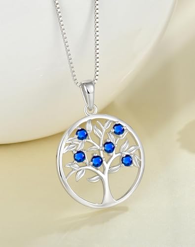 Tree of Life Necklace for Women - Solid 925 Sterling Silver 18K White Gold Plated Birthstone Pendant Jewelry - color: 09-Sept_Sapphire